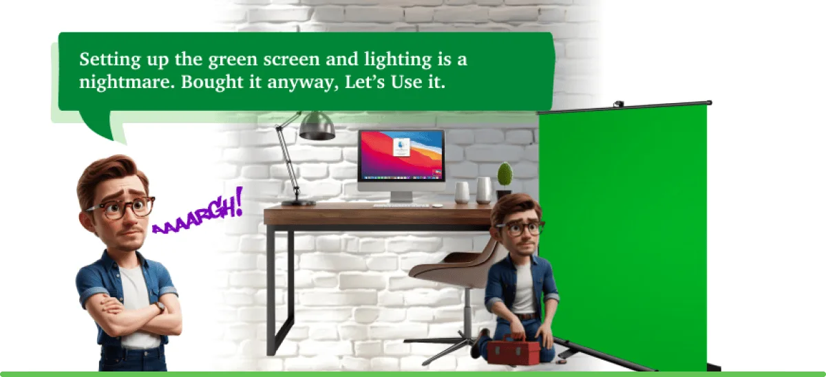 Om sitting at his desk, unhappy with his green screen