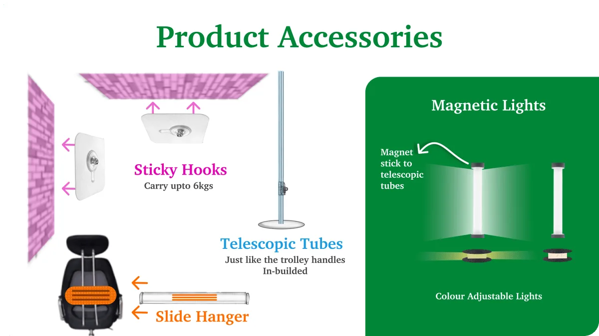 Product accessories sheet: sticky hooks carrying up to 6kg, in-built telescopic tubes, the chair slide hanger, and colour-adjustable magnetic lights