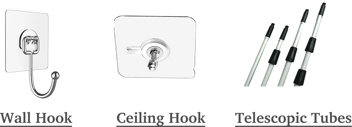 Sticky hooks and telescopic tubes holding the GREP roller against a wall