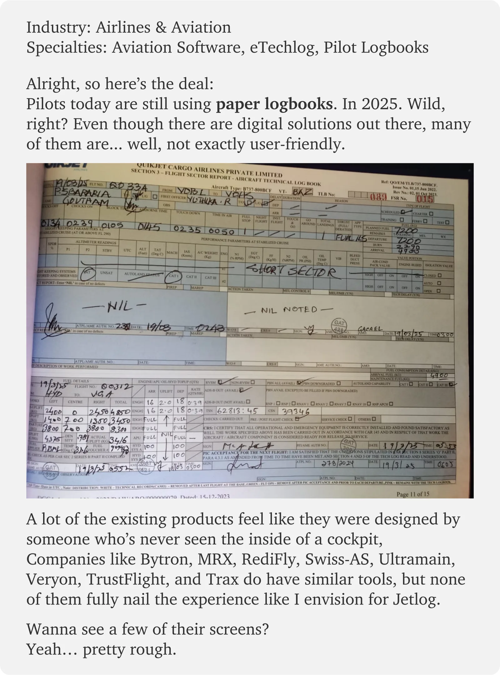 Research board: a photograph of a real paper aircraft technical log book, alongside notes on existing eTechlog vendors