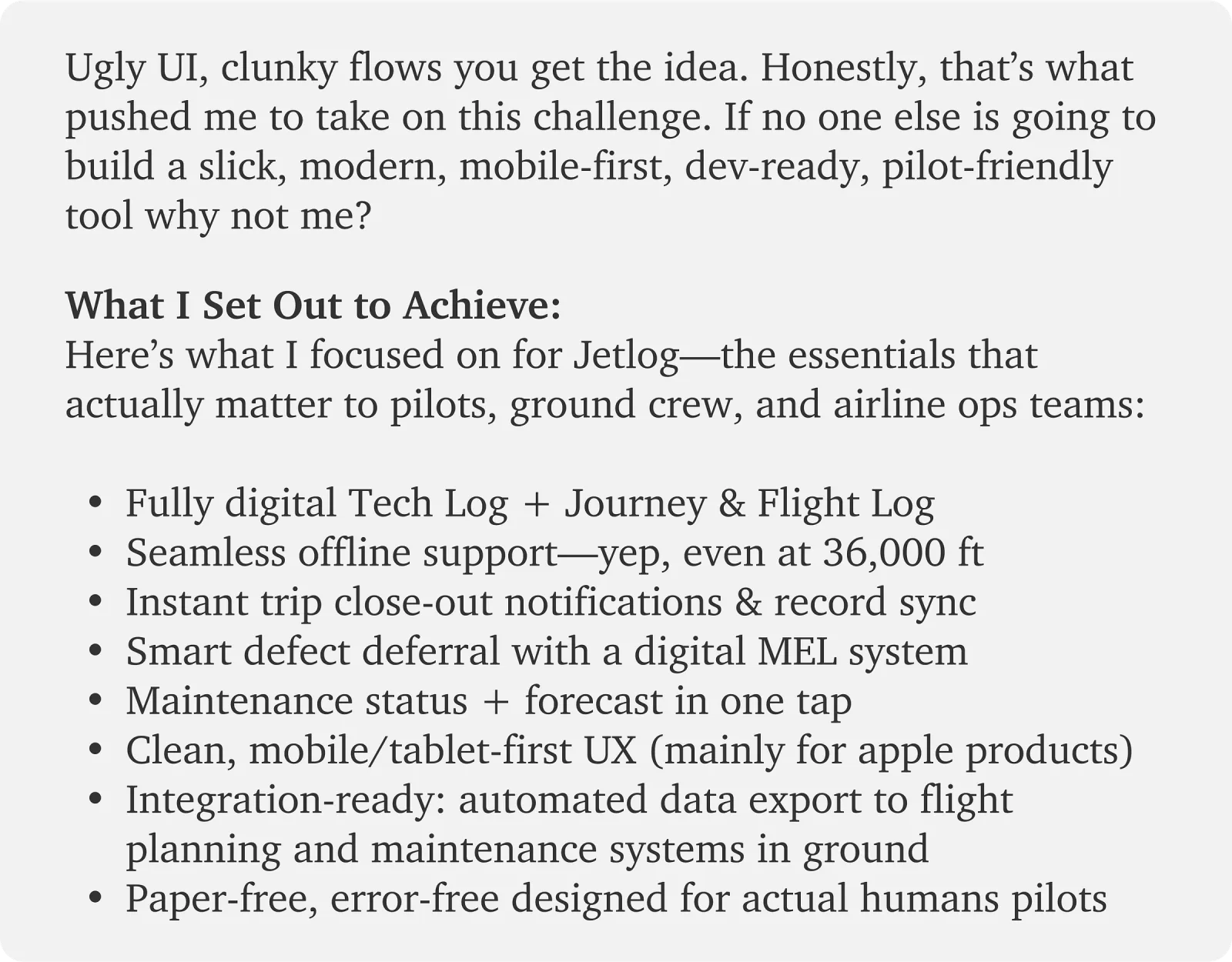 Research note listing the product goals for Jetlog